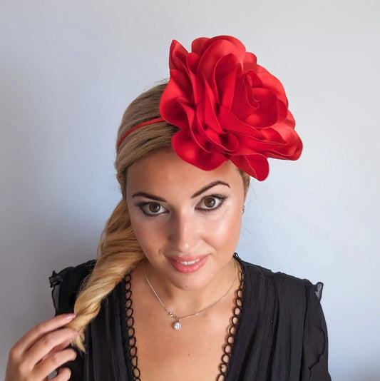 Large red satin rose fascinator hat - House of Hats