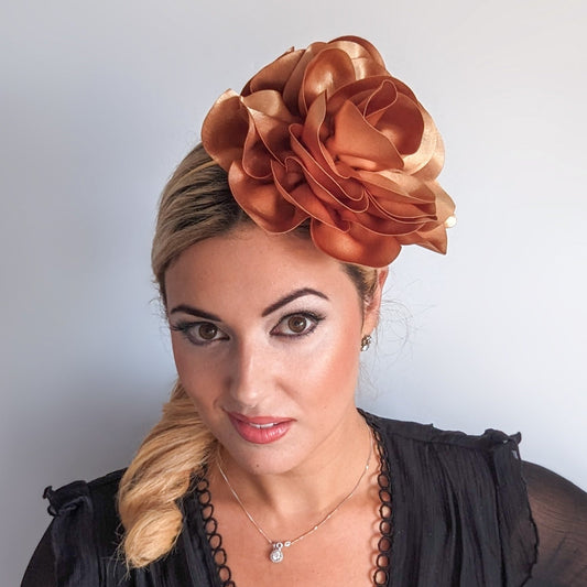 Large toffee gold satin rose fascinator hat - House of Hats