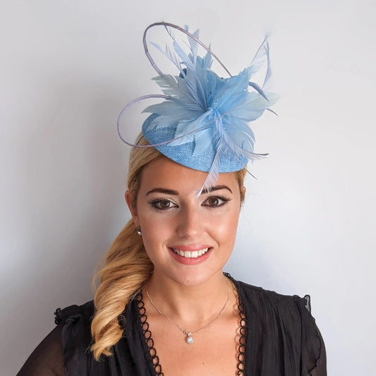 Light cornflower blue feather fascinator hat - House of Hats
