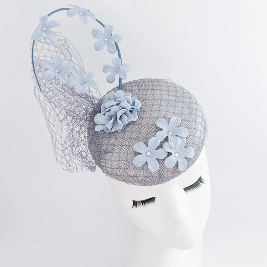 Light dusty blue flower fascinator hat - House of Hats