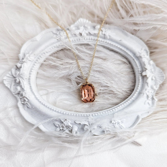 Light peach crystal gold emerald cut necklace - House of Hats