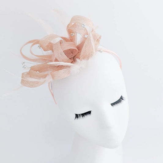 Light peach pink crystal feather fascinator hat - House of Hats
