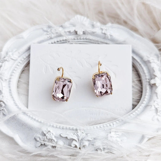 Light pink crystal gold emerald cut drop earrings - House of Hats