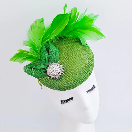 Lime green feather pearl fascinator hat - House of Hats