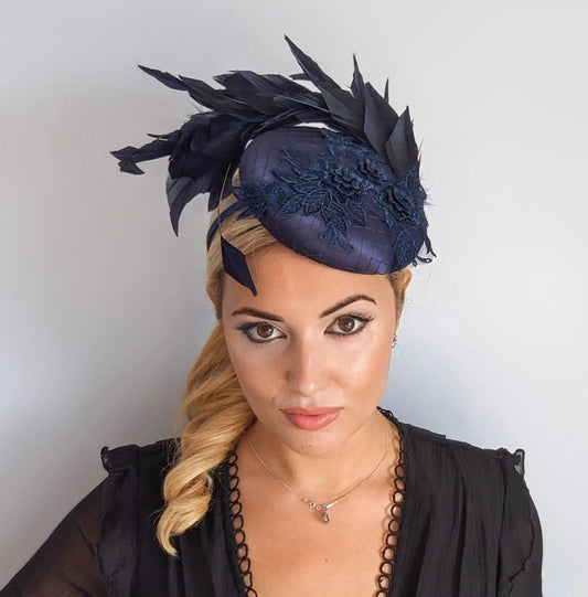 Navy blue feather lace satin fascinator hat - House of Hats