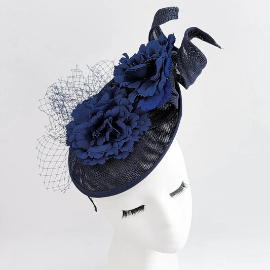 Navy blue flower fascinator disc saucer hat - House of Hats