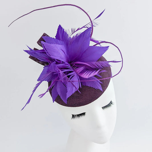 Plum and cadbury purple feather fascinator hat - House of Hats
