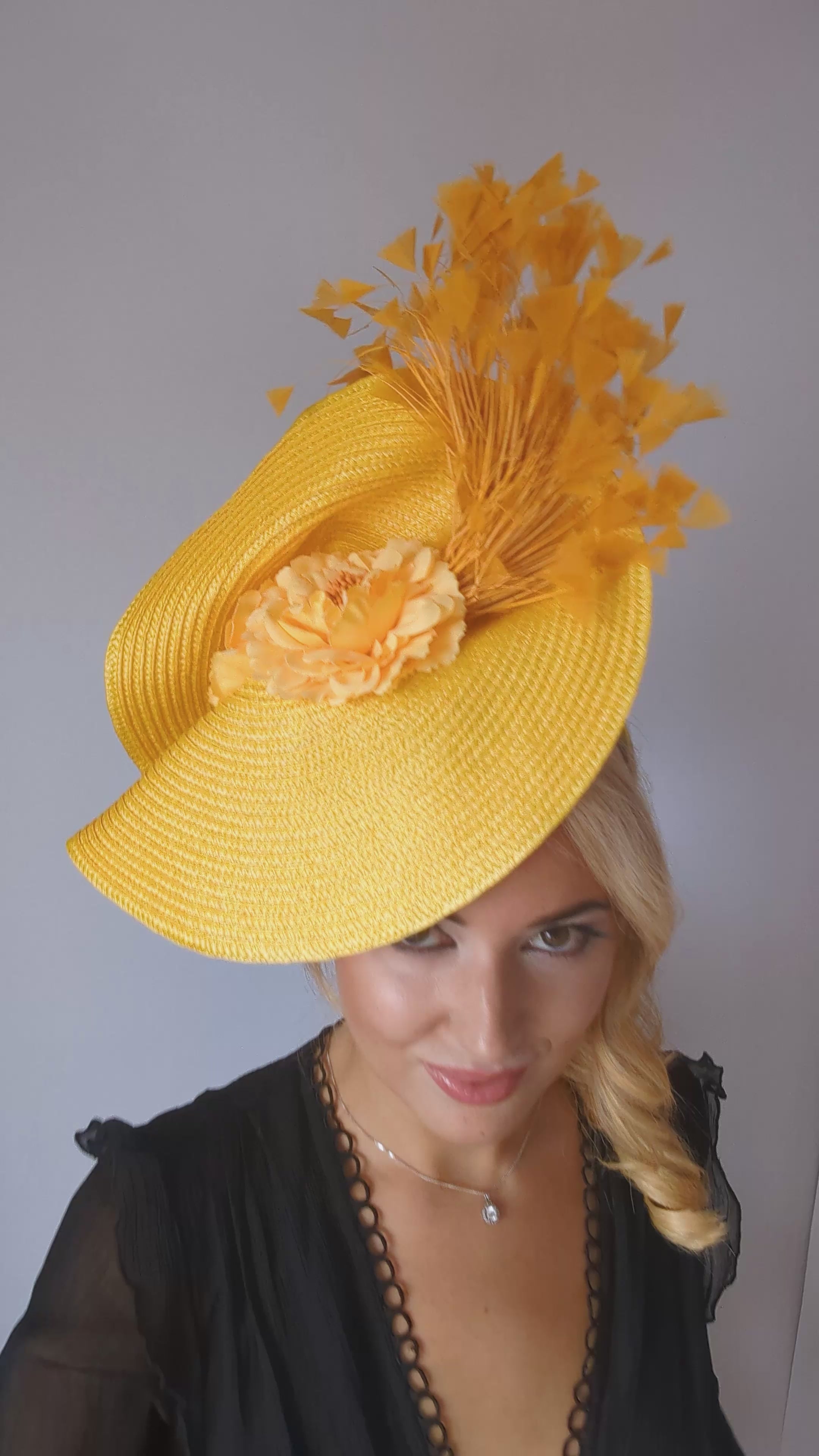 Yellow large woven straw flower feather fascinator hat Yellow large woven straw flower feather fascinator hat