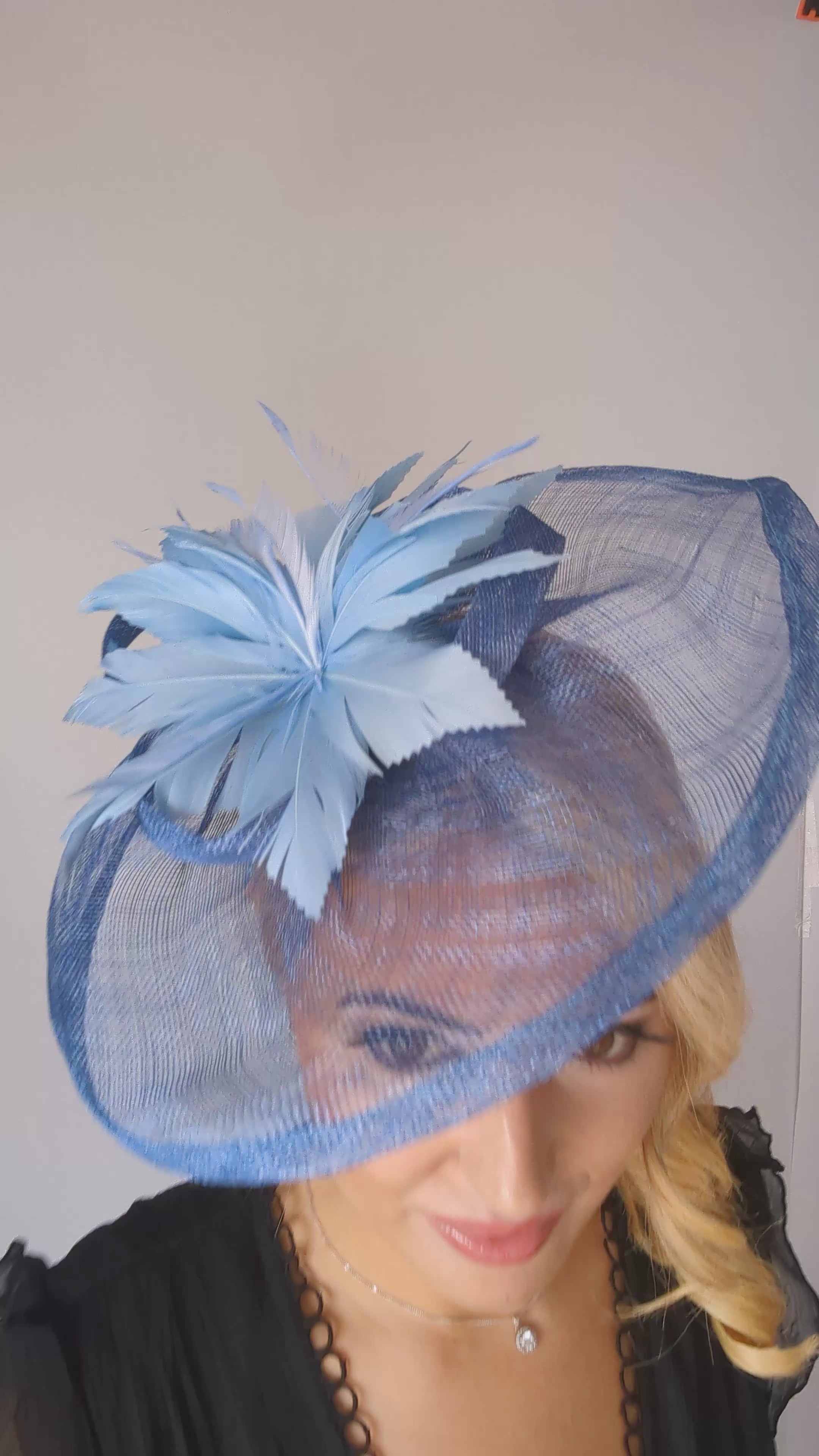 Cornflower blue feather large teardrop fascinator hat