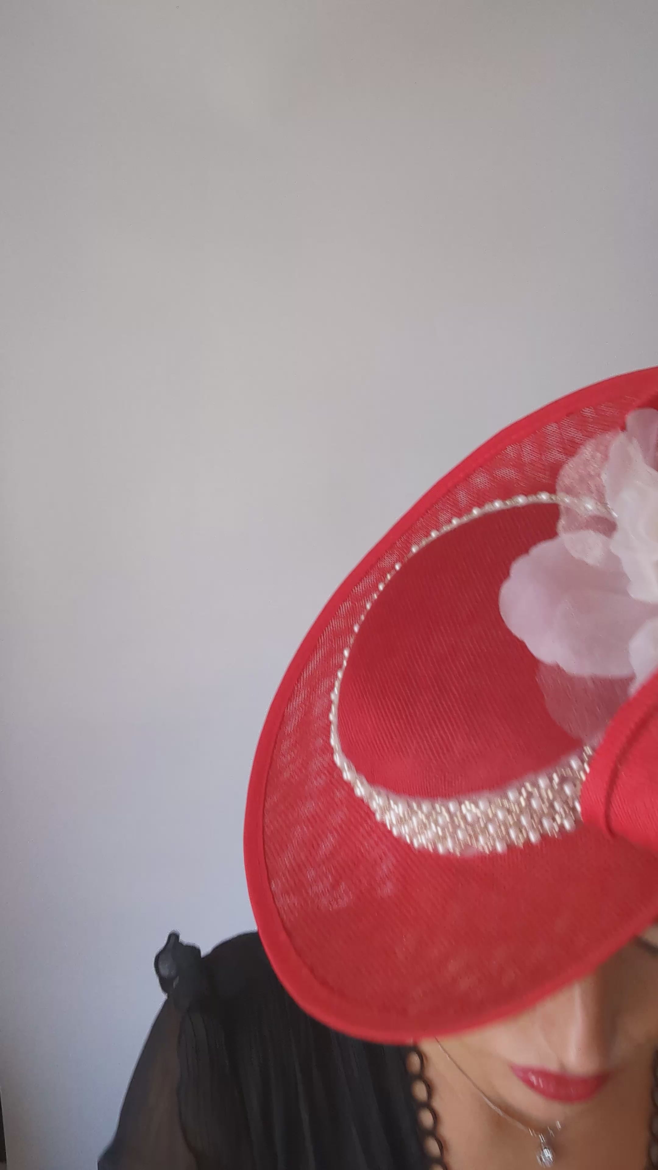 Red beaded large flower saucer disc fascinator hat