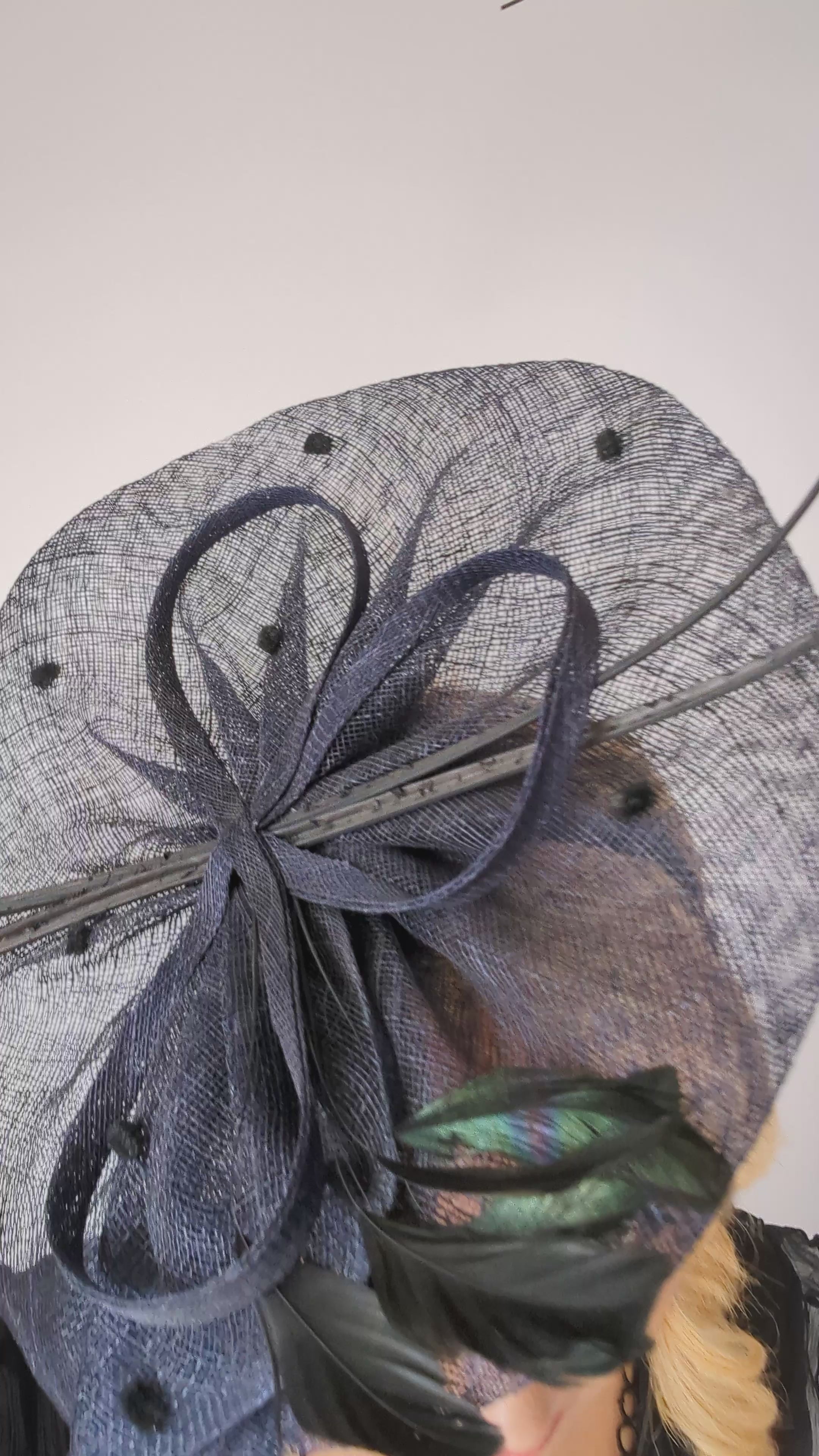 Navy blue large feather polka dot saucer disc fascinator hat Navy blue large feather polka dot saucer disc fascinator hat
