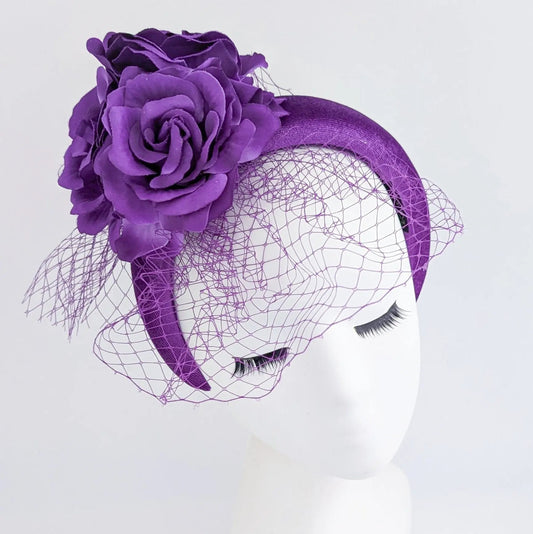 Purple flower padded velvet headband fascinator - House of Hats