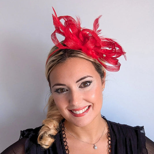 Red crystal feather fascinator hat - House of Hats