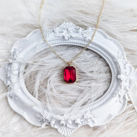 Red crystal gold emerald cut necklace - House of Hats