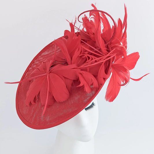 Red feather large saucer disc fascinator hat - House of Hats