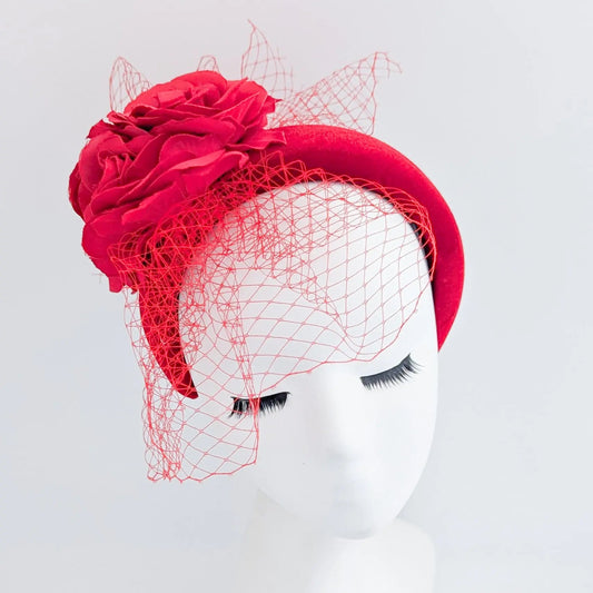 Red flower padded velvet headband fascinator - House of Hats