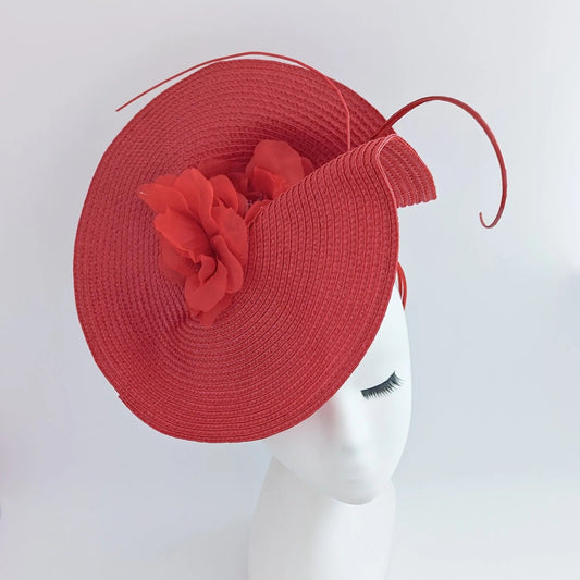Red large woven straw flower fascinator hat - House of Hats