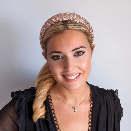 Rose gold crystal beaded padded headband fascinator - House of Hats