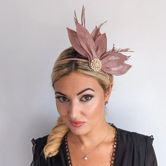 Rose gold shimmer feather petal fan fascinator hat - House of Hats