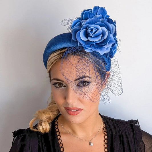 Royal blue flower padded velvet headband fascinator - House of Hats
