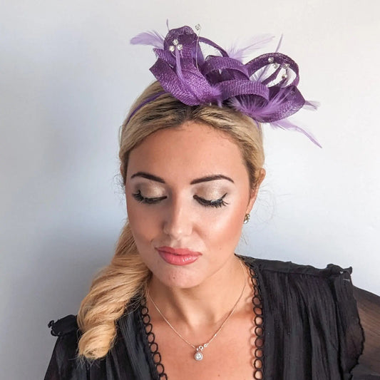 Royal purple crystal feather fascinator hat - House of Hats