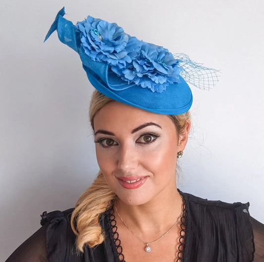 Sea blue flower fascinator disc saucer hat - House of Hats