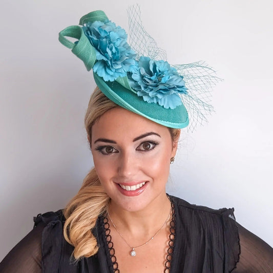 Seafoam mint green flower fascinator disc saucer hat - House of Hats