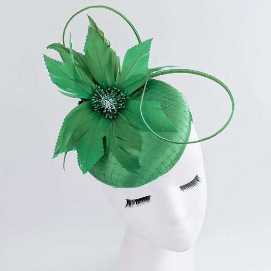 Shamrock green feather satin fascinator hat - House of Hats