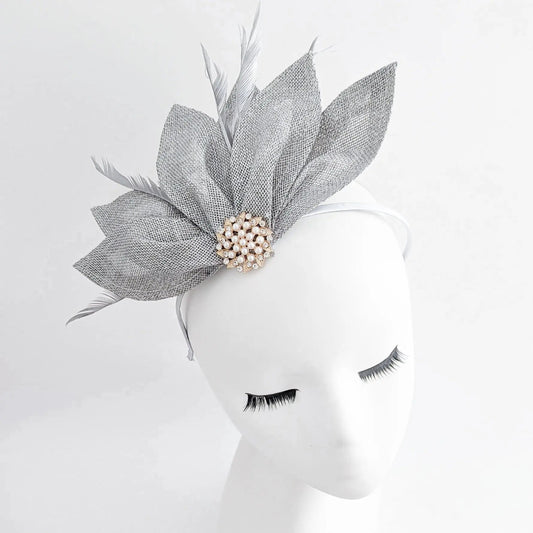 Silver shimmer feather petal fan fascinator hat - House of Hats