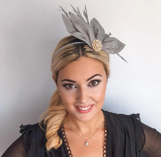 Silver shimmer feather petal fan fascinator hat - House of Hats