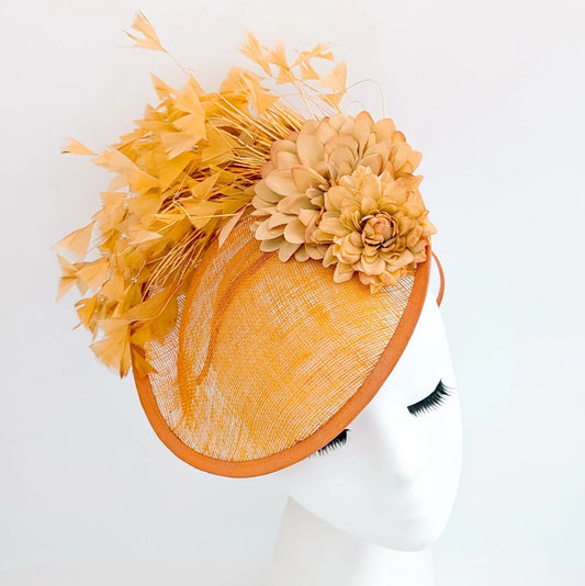 Tangerine orange flower feather disc fascinator hat - House of Hats