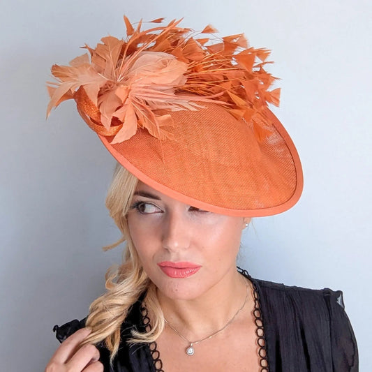 Terracotta dusty orange large feather disc fascinator hat - House of Hats