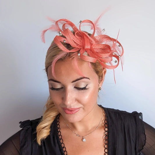 Watermelon coral crystal feather fascinator hat - House of Hats