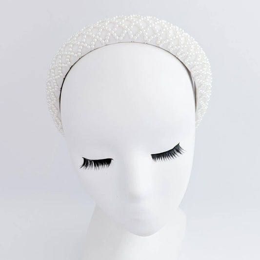 White beaded pearl padded headband fascinator - House of Hats