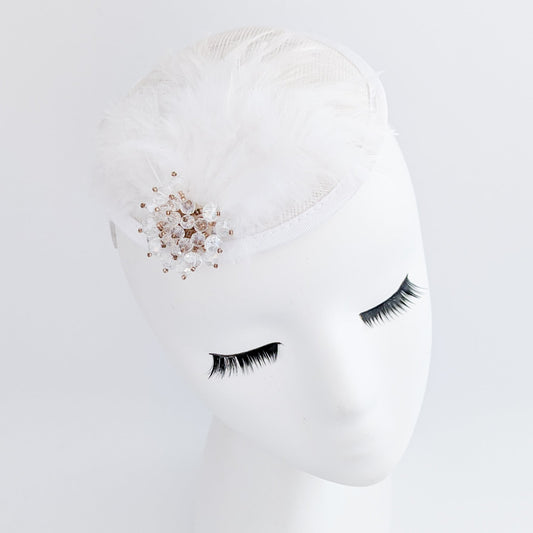 White crystal feather small fascinator wedding hat - House of Hats