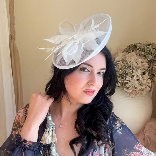 White disc fascinator hat with feathers - House of Hats