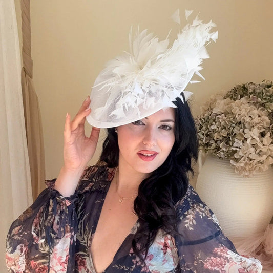 White feather large teardrop fascinator hat - House of Hats