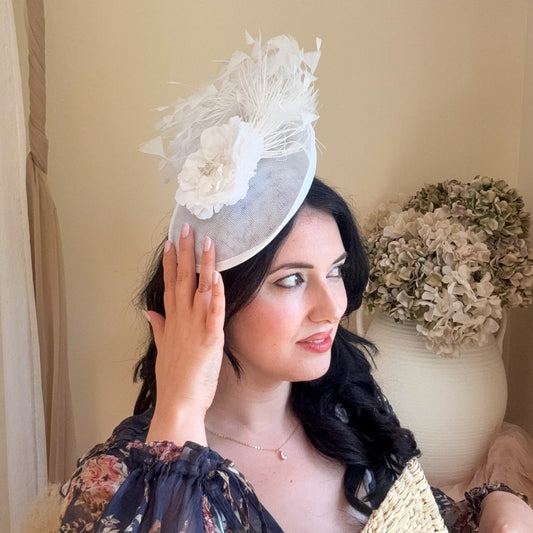 White flower feather disc saucer fascinator hat - House of Hats