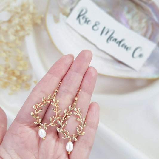Gold pearl boho bridal earrings, Wedding earrings for brides, Statement wedding earrings, Freshwater pearl wedding jewellery, Drop earrings - House of Hats