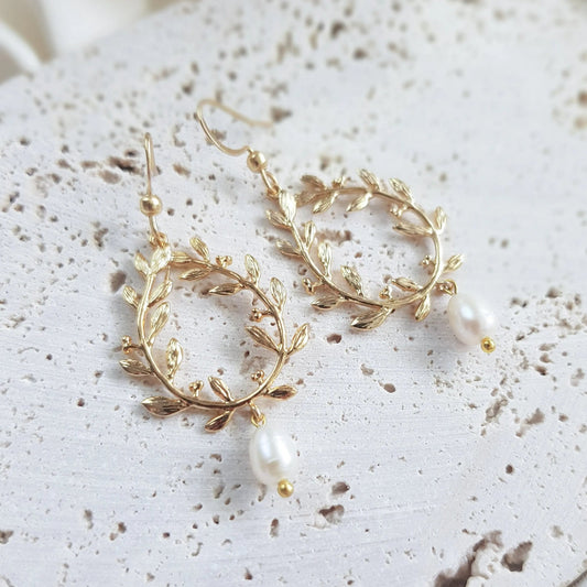 Gold pearl boho bridal earrings, Wedding earrings for brides, Statement wedding earrings, Freshwater pearl wedding jewellery, Drop earrings - House of Hats