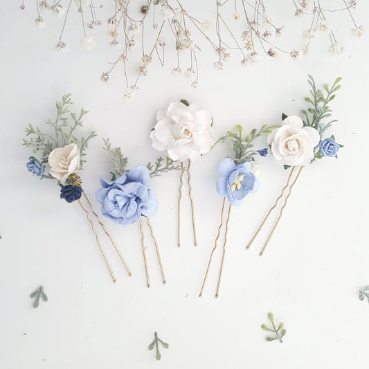 Flower hair pins light blue hair clip boho bridal foliage flower wedding hair slide slider comb headpiece