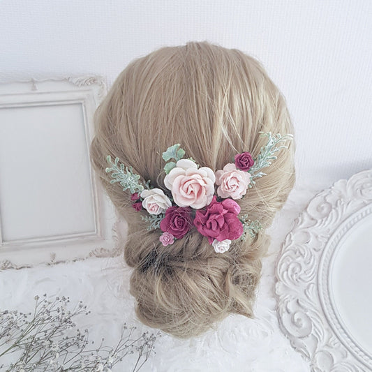 Wedding Hair Accessories, Flower Hair Pins, Bridal Hair Comb, Peach Burgundy Hair Piece, Bridesmaid Floral Hair Clip