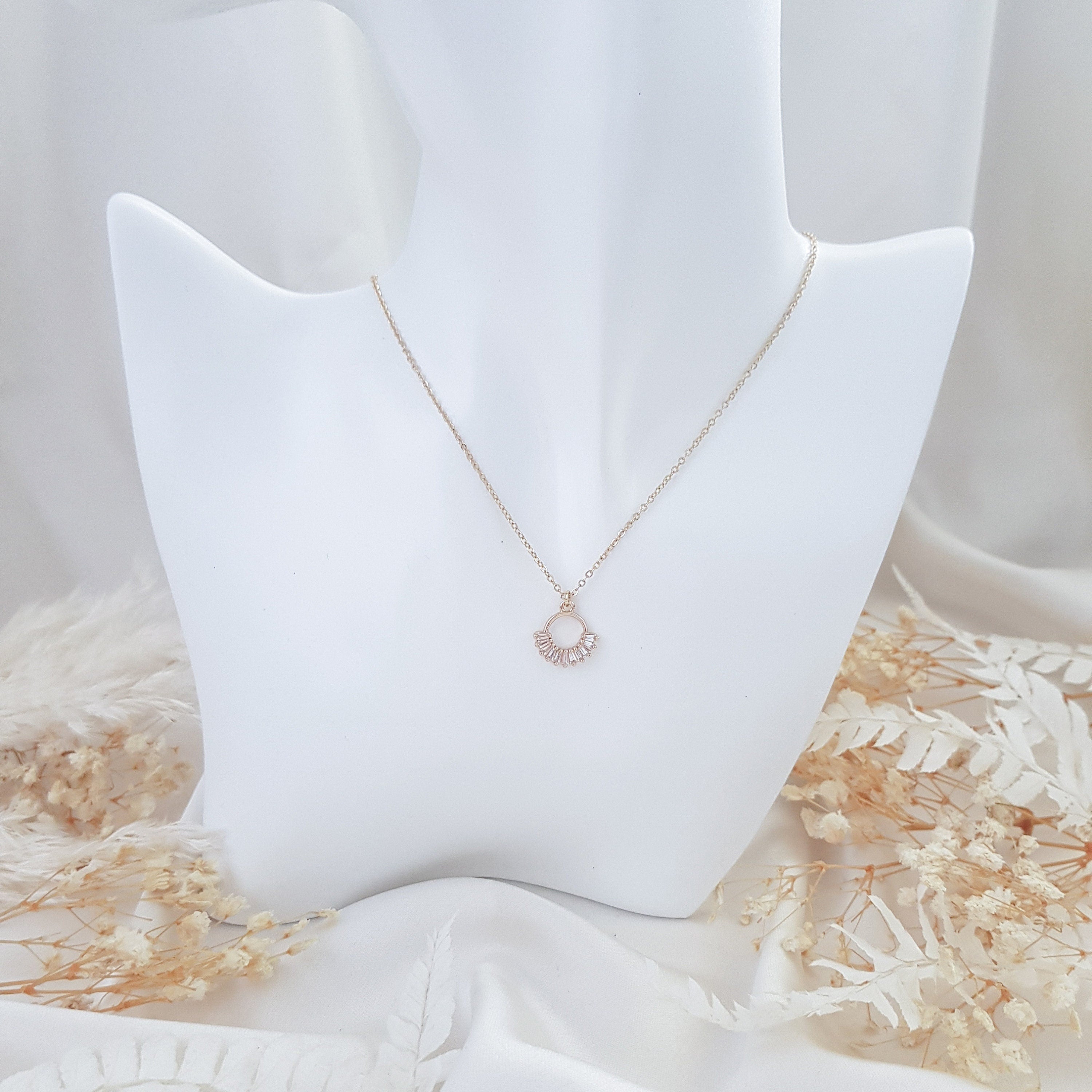 Gold zirconia crystal bridal necklace, Boho wedding necklace, Dainty minimalist necklace, Crystal wedding jewellery, Jewellery for brides