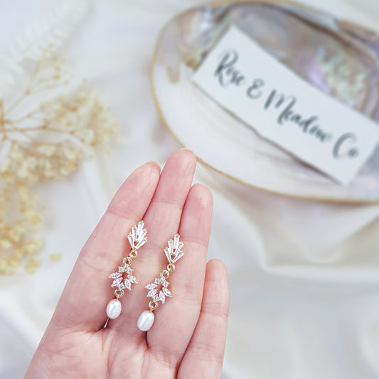 Pearl Drop Earrings, Bridal Earrings, Art Deco Earrings, Gold Pearl Earrings, Wedding Earrings, Bridesmaid Gift, Freshwater Pearl Earrings