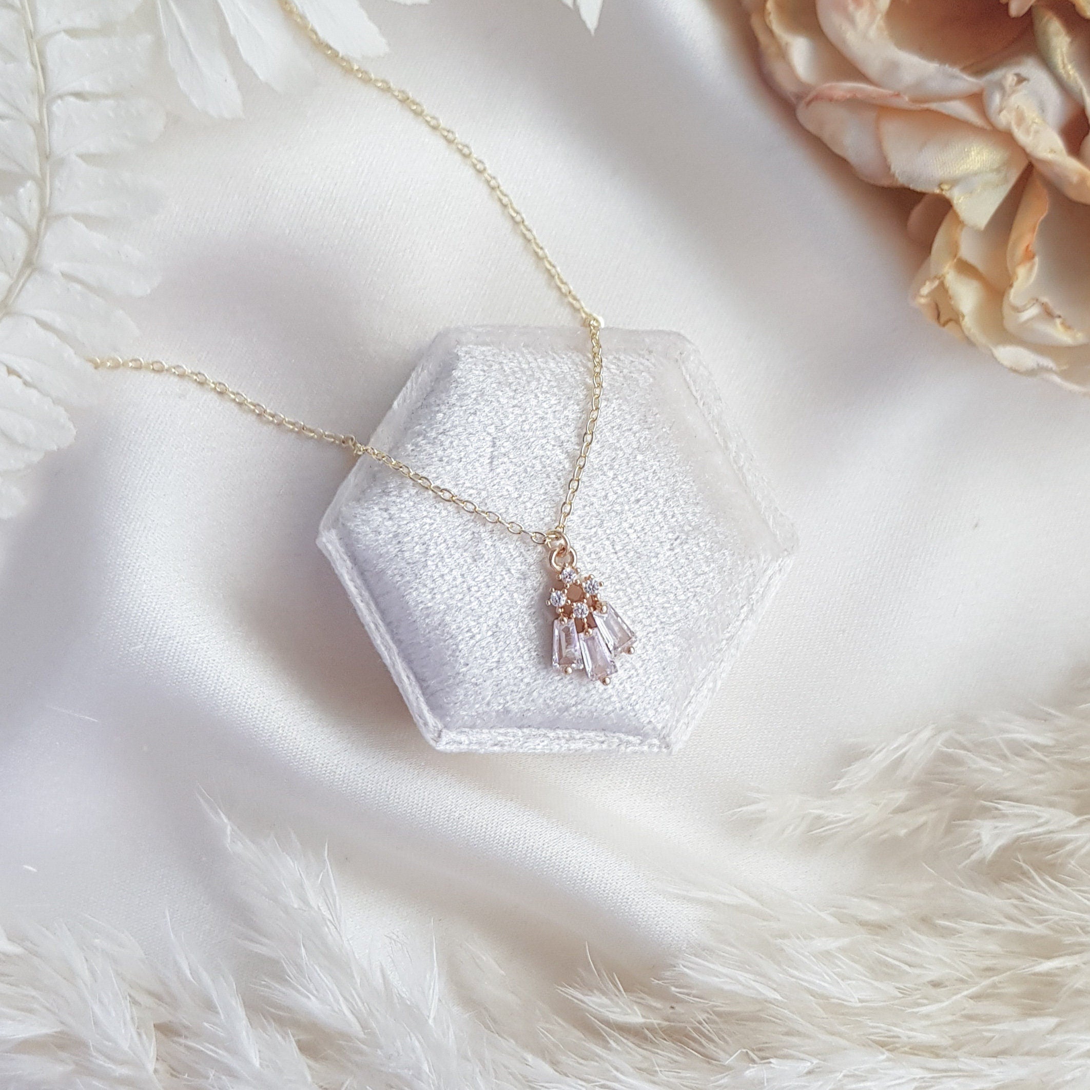 Gold crystal bridal necklace, Zirconia crystal wedding necklace, Dainty necklace, Crystal art deco wedding jewellery, Jewellery for brides Gold crystal bridal necklace, Zirconia crystal wedding necklace, Dainty necklace, Crystal art deco wedding jewellery, Jewellery for brides