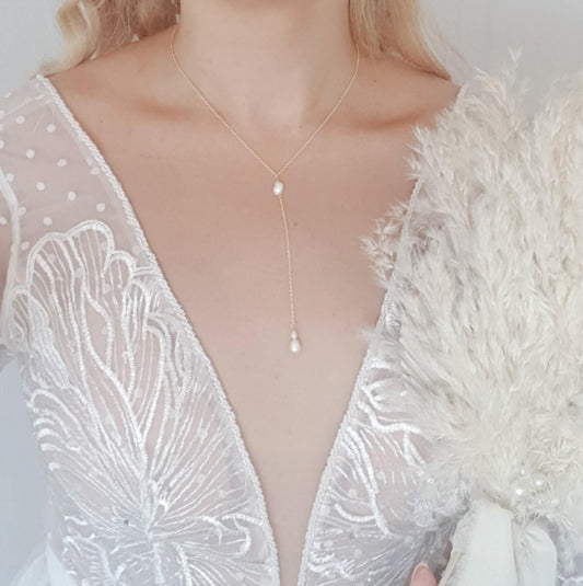 Freshwater pearl bridal lariat necklace, Gold pearl drop wedding necklace, Dainty elegant necklace, Y necklace, Jewellery for brides