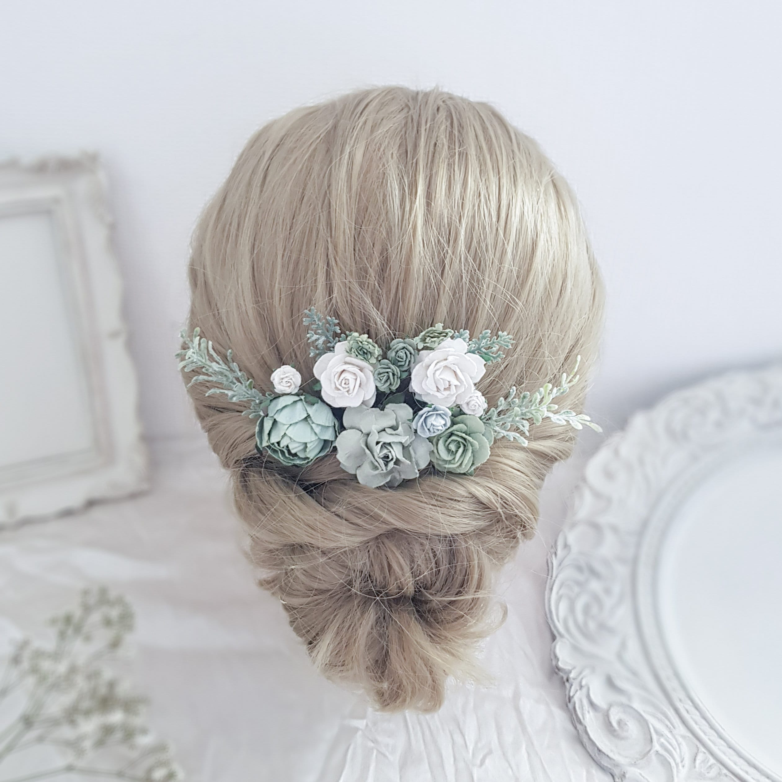 Wedding Hair Accessories, Flower Hair Comb, Bridal Hair Pins, Sage Green Hair Piece, Bridesmaid Hair Clip, Floral Boutonniere