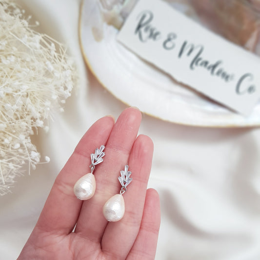 Pearl Earrings, Vintage Style Earrings, Silver Cotton Pearl Earrings, Wedding Drop Earrings, Bridesmaid Gift