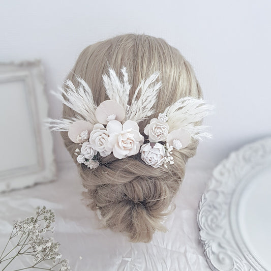 Wedding Hair Accessories, Dried Pampas Flower Hair Comb, Bridal Hair Pins, White Hair Piece, Bridesmaid Hair Clip, Floral Boutonniere