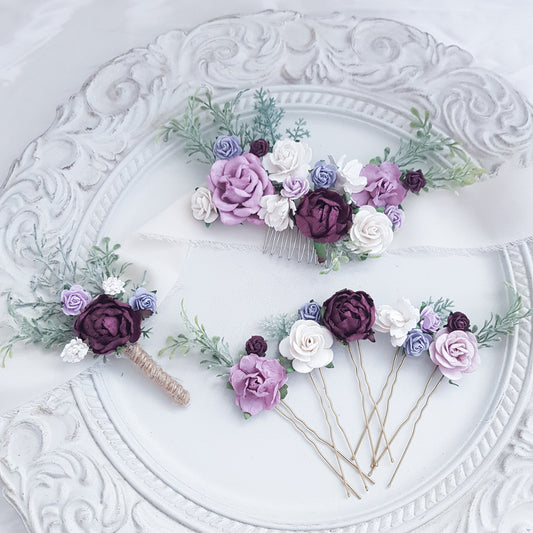 Wedding Hair Accessories, Purple Flower Hair Comb, Bridal Hair Pins, Lilac Hair Piece, Bridesmaid Hair Clip, Floral Boutonniere